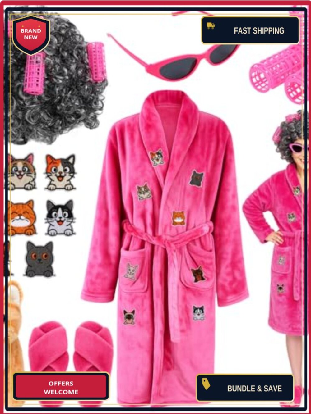 Cat Lady Costume Set 18 Pcs Coral Fleece Robe Wig Slippers Women Halloween